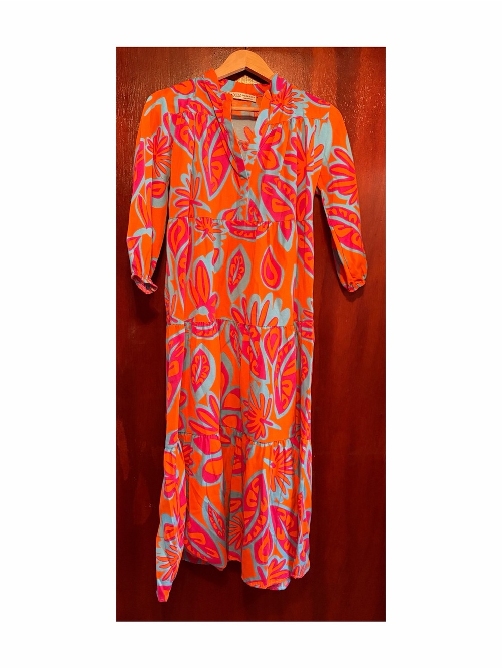 Women’s Bright Orange & Pink Floral Dress with Blue Accents - Picture 4 of 5